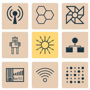 Kablosuz ağ, parlaklık yönetmelik, analiz tasarım ve diğer hafiflik modu öğeleri ile makine Icons set. İzole vektör illüstrasyon makine simgeler.