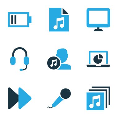Müzik simgeler kümesi kulaklık, şarkı listesi, düşük pil ve diğer mikrofon öğeleri ile renkli. İzole vektör illüstrasyon müzik simgeleri.