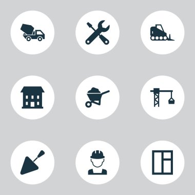 Mimari simgeler Vinçler, el arabası, Araçlar ve diğer cam çerçeve öğeleri ile ayarlayın. İzole vektör çizim mimari simgeler.