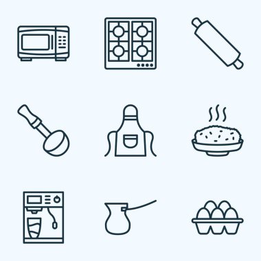 Gastronomi simgeler stil cezve, önlük, çorba kepçe ve diğer ibrik öğeleri kümesi satır. İzole vektör çizim gastronomi simgeler.