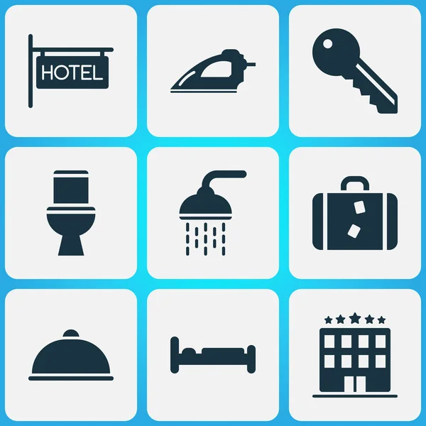 Icone per le vacanze con servizi igienici, pasti, letti e altri elementi del vassoio. Isolato vettoriale illustrazione vacanze icone . — Vettoriale Stock