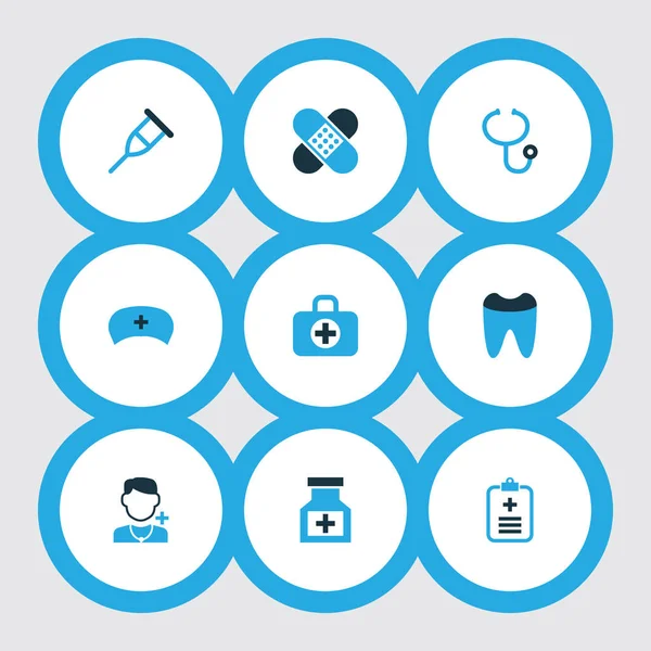 Medikamentensymbole farbiges Set mit Verbandskasten, Pflaster, Stethoskopelementen. isolierte Vektor-Illustration Medikamentensymbole. — Stockvektor