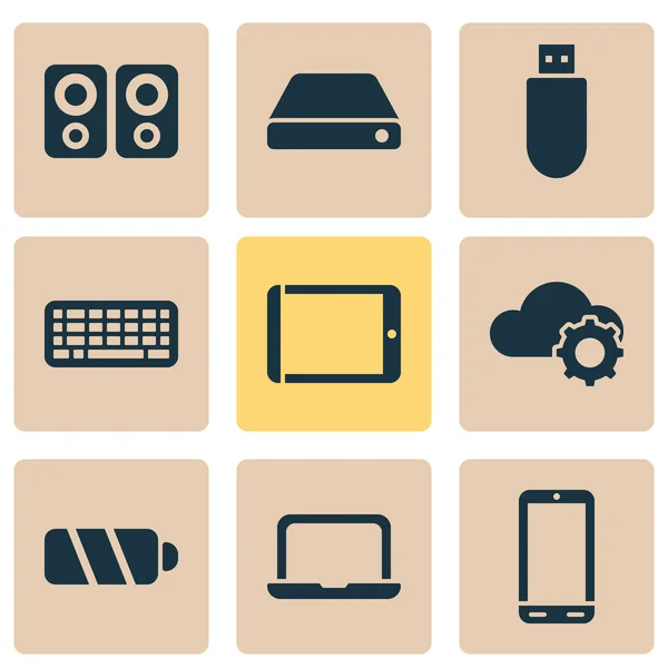 Gadget ícones conjunto com flash drive, tablet, laptop e outros elementos palmtop. Ícones de gadget de ilustração vetorial isolado . — Vetor de Stock