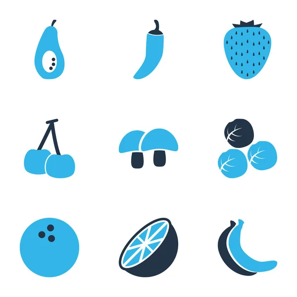 Ovocné ikony barevné sada s cherry, banán, pepř a další prvky kostce. Izolované vektorové ilustrace ovocné ikony. — Stockový vektor