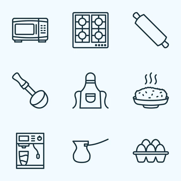 Iconos de la gastronomía línea de estilo conjunto con cezve, delantal, cucharón de sopa y otros elementos ibrik. Iconos de gastronomía de ilustración vectorial aislada . — Vector de stock