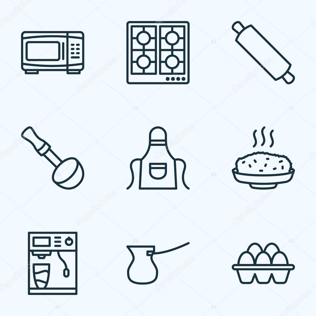 Gastronomy icons line style set with cezve, apron, soup ladle and other ibrik elements. Isolated vector illustration gastronomy icons.