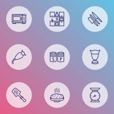 Çizgi stili simgeler pişirme mikrodalga, sıcak pirinç, Mutfak mobilya ve diğer elektrikli fırın öğeleri ile ayarlayın. Simgeler pişirme izole vektör çizim.