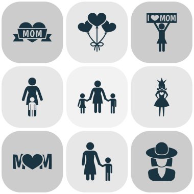 Anneler günü simgesi tasarım konsepti. 9 gibi öğeleri gibi korumak, duygu ve Prenses kümesi. Anne, anne ve kalp için güzel sembolleri.