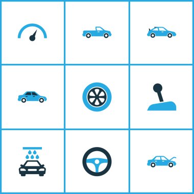 Otomobil simgeler sürücü kumanda, sopa, crossover ve diğer hız göstergesi öğeleri kümesi renkte. İzole illüstrasyon otomobil simgeler.
