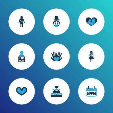 Anneler günü simgesi renkli tasarım konsepti. Avuç içi, ruh ve gebelik 9 gibi öğeleri kümesi. Anne, kalp ve bebek için güzel sembolleri.