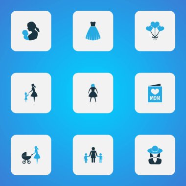 Anneler günü simgesi renkli tasarım konsepti. İnsanlar, Bebek arabası ve Bayan 9 gibi öğeleri kümesi. Kadın, anne ve bebek için güzel sembolleri.