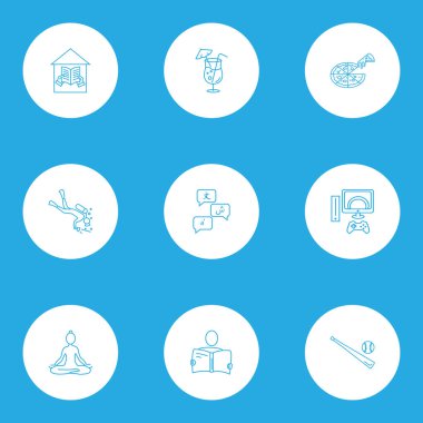 Yaşam tarzı simgeleri stil ile kokteyl, okuma, Dalış ve diğer aktivite öğeleri kümesi satır. İzole vektör çizim yaşam tarzı simgeleri.