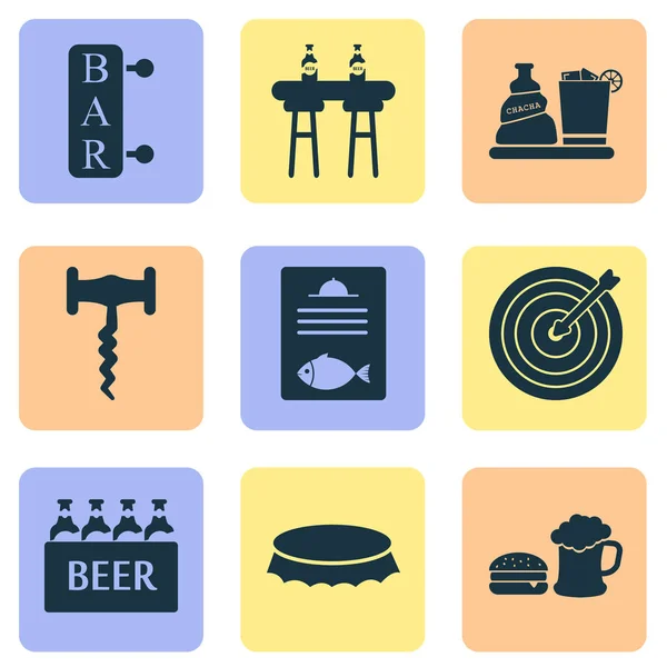 Alkol simgeler içki, balık menüsü, bira ile burger ve diğer poster öğeleri ile ayarlayın. İzole vektör çizim alkol simgeler. — Stok Vektör