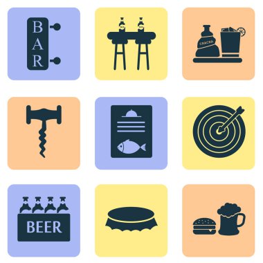 İçki, balık menüsü, bira ile burger ve diğer poster öğeleri ile içecekler Icons set. İllüstrasyon izole içecekler simgeler.
