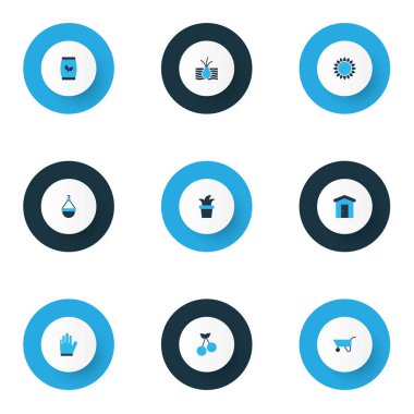 Bahçe simgeler kümesi bitki kök, saksı, Bahçe eldiven ve diğer ağırlık öğeleri ile renkli. İzole şekil kutsal kişilerin resmi Bahçe.