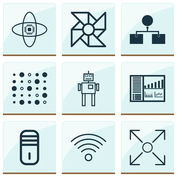 Lernsymbole mit Prozessor, Computerkühler, Analysedesign und anderen verzweigten Programmelementen. isolierte Illustration Lernsymbole. — Stockfoto