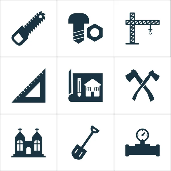 Промышленные иконы с часовней, труба с датчиком, болт с гайкой и другие элементы топора. Изолированные промышленные иконки . — стоковое фото