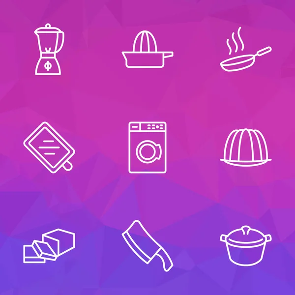 Conjunto de iconos de cocina estilo línea con exprimidor de naranja, pudín, cuchillo de cortar y otros elementos de madera. Iconos de cocina ilustración aislada . — Foto de Stock