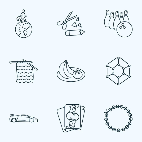 Hobby icons line style set with beading, playing cards, knitting and other fruit elements. Isolated  illustration hobby icons.