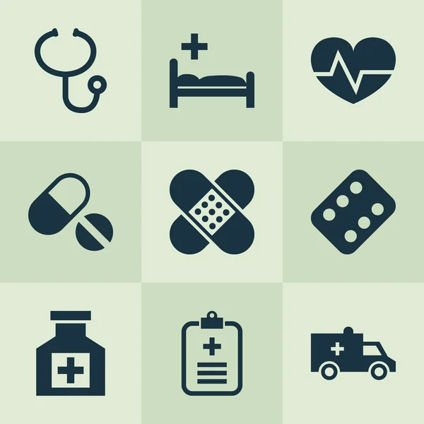 Медицинские иконки с клеевой штукатуркой, сердцебиением, данными и другими элементами повязки. Изолированные иконы иллюстрационной медицины . — стоковое фото