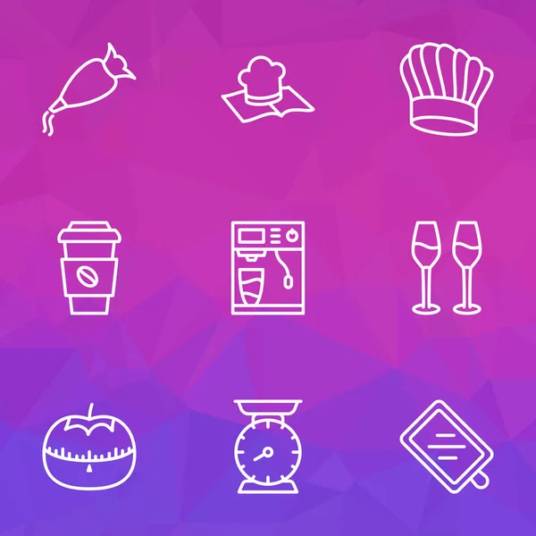 Cook icons line style set with kitchen scales, chef hat, cutting board and other wooden elements. Isolated  illustration cook icons.