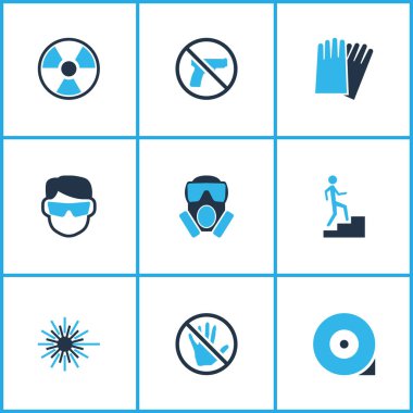 Emanet simgeler kümesi lazer ışını, radyoaktif, stop ve diğer solunum öğeleri renkli. İzole vektör çizim Emanet simgeler.