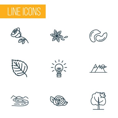 Dünya simgeleri stil nehir, yenilik, Yıldız anason ve diğer tepe öğeleri kümesi satır. İzole vektör çizim dünya simgeleri.