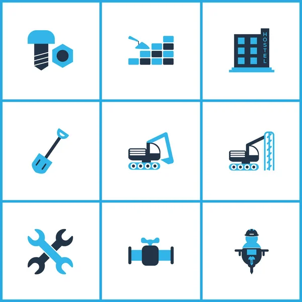 Ícones industriais conjunto colorido com pá, assentamento de tijolos, máquina de perfuração e outros elementos de torneira. Isolado vetor ilustração ícones industriais . — Vetor de Stock