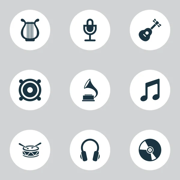 Icone multimediali con arpa, chitarra, altoparlante e altri elementi musicali. Isolato vettoriale illustrazione icone multimediali . — Vettoriale Stock