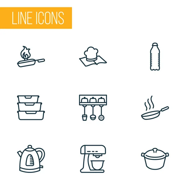 Koken pictogrammen lijnstijl ingesteld met waterkoker, fles water, hete pan en andere opslag-elementen. Geïsoleerde vector illustratie cook pictogrammen. — Stockvector