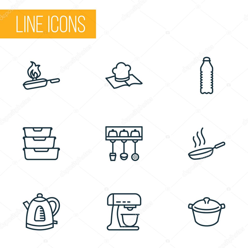 Cook icons line style set with electric kettle, water bottle, hot pan and other storage elements. Isolated vector illustration cook icons.