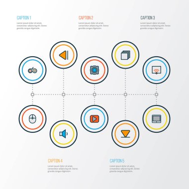 Joystick ile Ayarla satır renkli müzik simgeleri, Kategoriler ve diğer önceki öğeleri başlar. İzole vektör illüstrasyon müzik simgeleri.