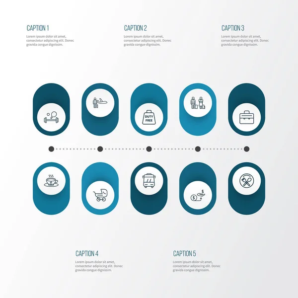 Style de ligne d'icônes de transport avec zone duty free, passager, bus et autres éléments passagers. Illustration vectorielle isolée icônes de transport . — Image vectorielle