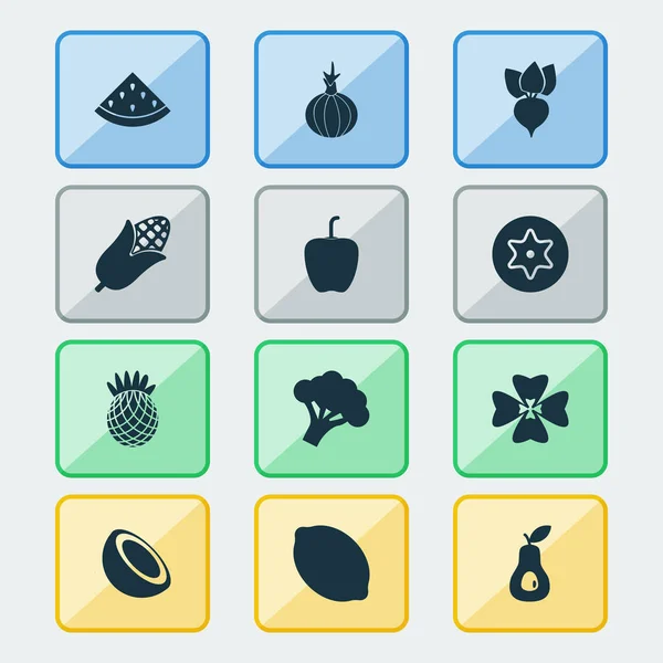 Iconos de fruta engastados con papá, piña, fruta de palma y otros elementos de ananas. Iconos de frutas de ilustración vectorial aislado . — Archivo Imágenes Vectoriales