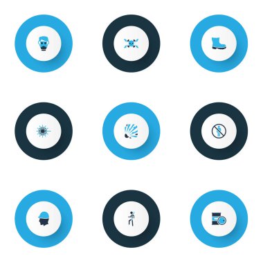 Emniyet kemeri, yüksek gerilim, kümesiyle renkli işareti simgeleri girmeyin ve diğer kask öğeleri. İzole vektör illüstrasyon işareti simgeleri.