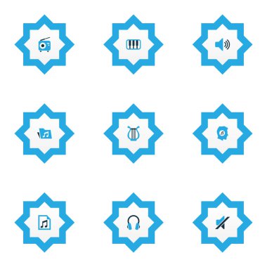 Multimedya simgeler kümesi ile ses, tuner, oktav ve diğer klasör öğeleri renkli. İzole vektör çizim multimedya simgeler.