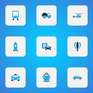 Ulaşım simgeler kümesi helikopter, işareti, kargo ve diğer Park elemanları ile renkli. İzole vektör çizim ulaşım simgeler.