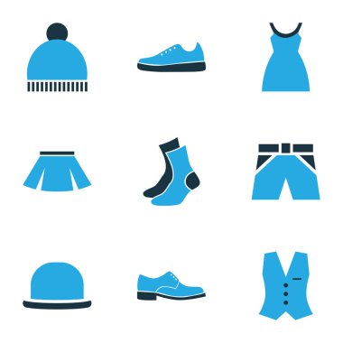 Giysi simgeler Külotlu, ponpon, mini ve diğer şort öğeleri kümesi renkte. İzole vektör çizim giysi simgeler.