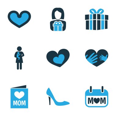 Anneler günü simgesi renkli tasarım konsepti. Davet, anne için eller hediye 9 gibi öğeleri kümesi. Güzel simgeler için kalp, sevgi ve mevcut.