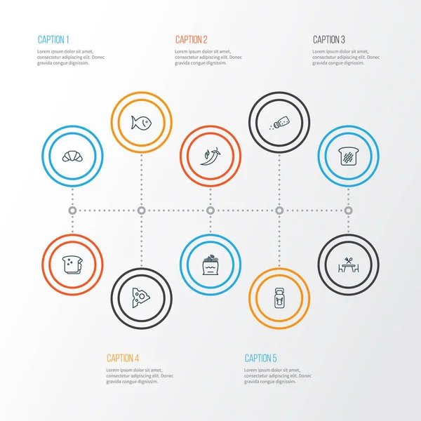 다 이닝 테이블, 양파 롤, 토스트 빵과 다른 햄버거 요소 설정 아이콘 선 스타일을 먹는. 격리 된 벡터 그림 아이콘을 먹는. — 스톡 벡터