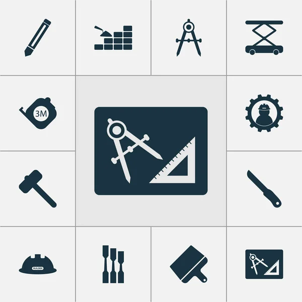 Conjunto de iconos de construcción con albañilería, cuchillo de masilla, martillo para baldosas y otros elementos rascadores. Iconos de construcción de ilustración vectorial aislado . — Vector de stock