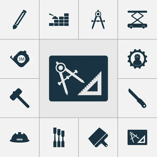 Ícones de construção conjunto com assentamento de tijolos, faca de vidraceiro, martelo para telhas e outros elementos raspador. Isolados ícones de construção de ilustração vetorial . — Vetor de Stock