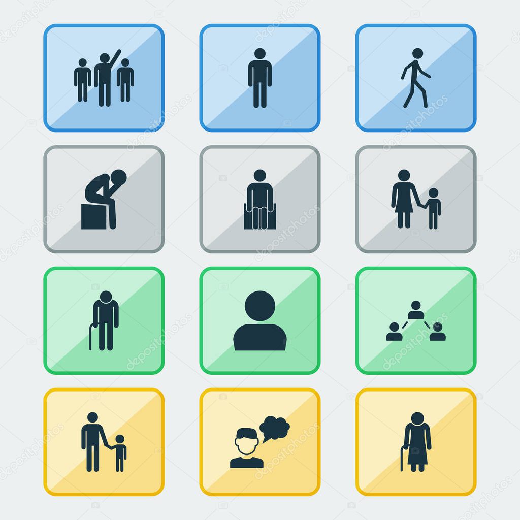 People icons set with sitting, profile, thinker and other father child elements. Isolated vector illustration people icons.