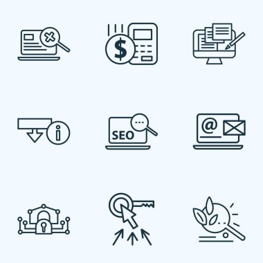 Engine icons line style set with budget calculator, search optimization, e-private network and other magnifier elements. Isolated vector illustration engine icons. clipart