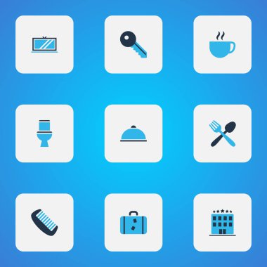 Simgeler renkli set Kupası, gıda, tarak ve diğer wc öğeleri ile seyahat. İzole vektör illüstrasyon seyahat simgeler.