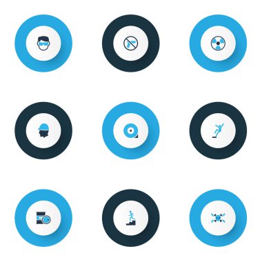 Koruma simgeler hiçbir silah, chocked tekerlek, kimyasal depolama ve diğer radyasyon öğeleri kümesi renkte. İzole vektör illüstrasyon koruma simgeler.