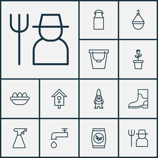 Iconos de jardinería con paquete, huevos, latas de leche y otros elementos de suspensión. Iconos de jardinería de ilustración vectorial aislado . — Vector de stock