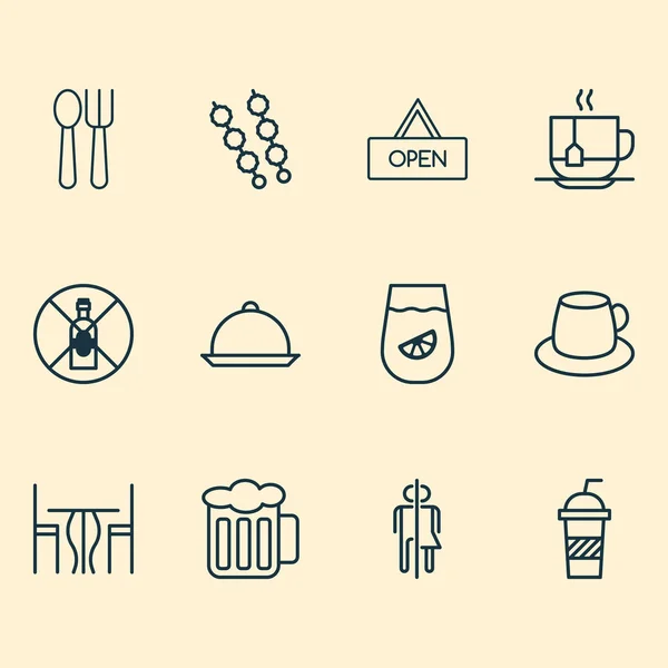 Restaurant-Symbole mit Alkoholverbot, Tablett, Softdrink und anderen Toilettenelementen. isolierter Vektor Illustration Restaurant Symbole. — Stockvektor