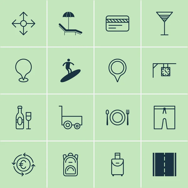 Travel icons set with street clock, camera, location marker and other relax chair elements. Isolated vector illustration travel icons.