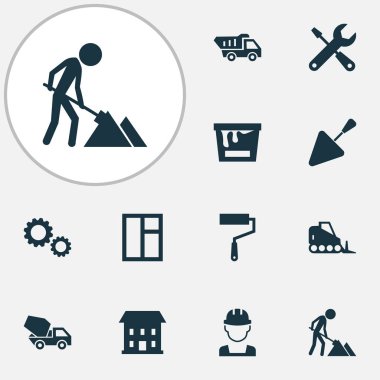 Bina simgeleri ile rengini ayarlamak olabilir, damperli kamyon, duvar ressamı ve diğer hizmet öğeleri. Simgeler bina izole vektör çizim.